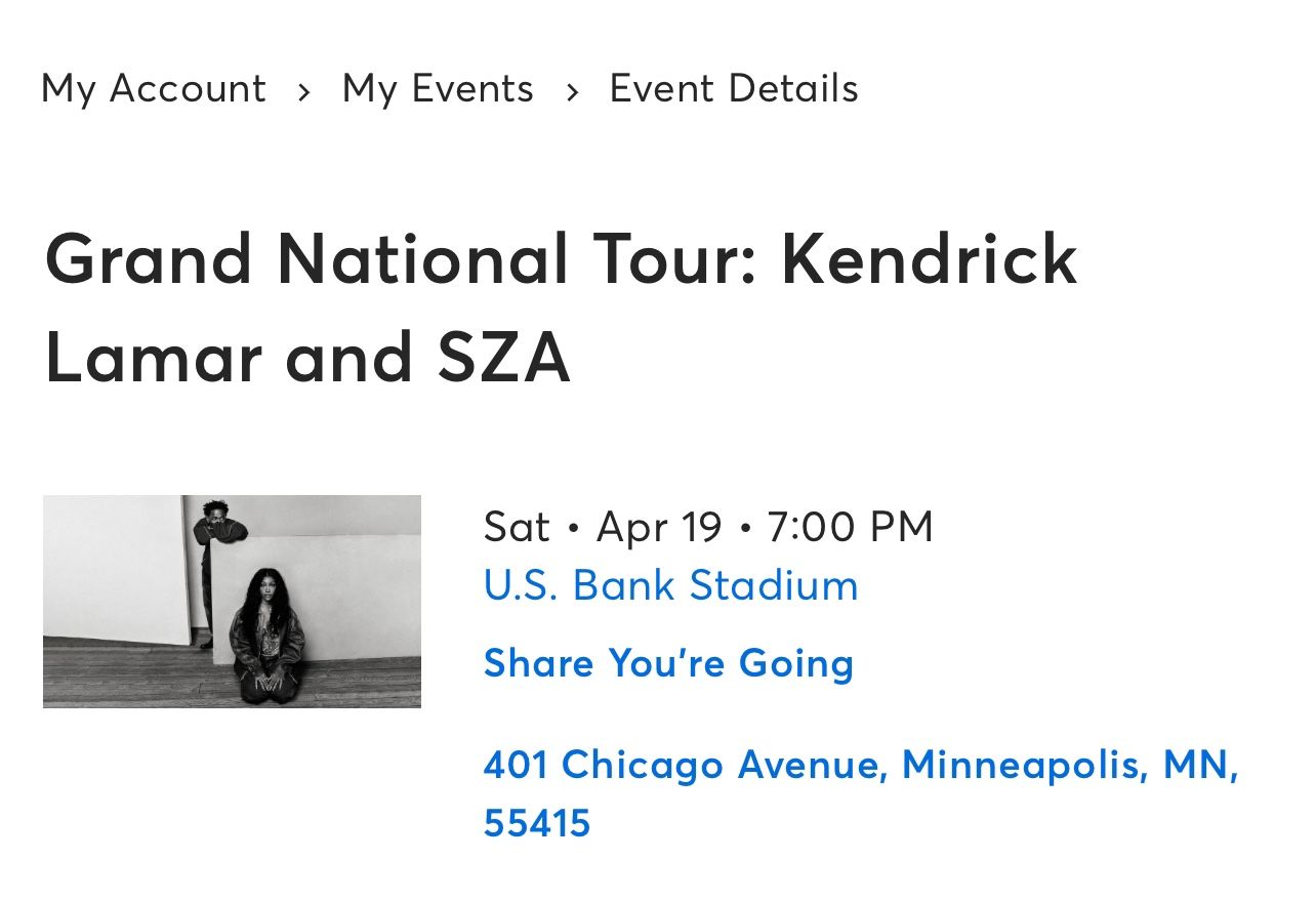 KENDRICK LAMAR SZA GRAND NATIONAL TOUT TICKETS MINNEAPOLIS