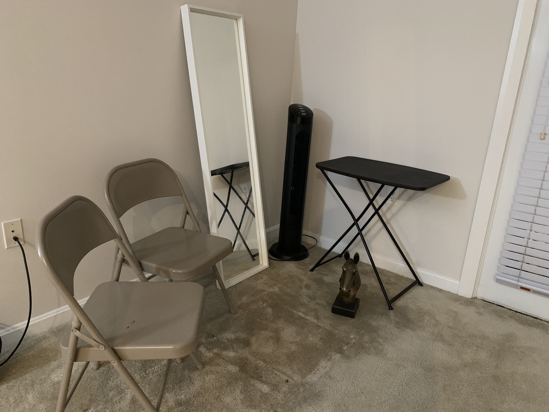 EVERYTHING MUST GO!!! IKEA mirror, Cascade Tower fan, Metal foldable chairs (2) and table