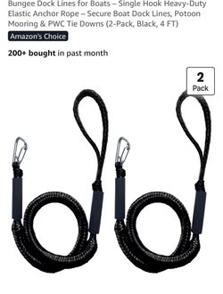 Bungee Dock Lines for Boats – Single Hook Heavy-Duty Elastic Anchor Rope – Secure Boat Dock Lines, Potoon Mooring & PWC Tie Downs (2-Pack, Black, 4 FT