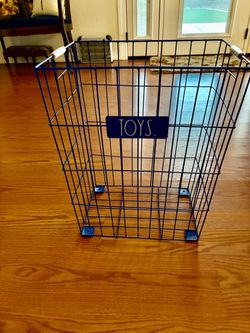 Blue Wire Toy Storage Basket with Wooden Handles