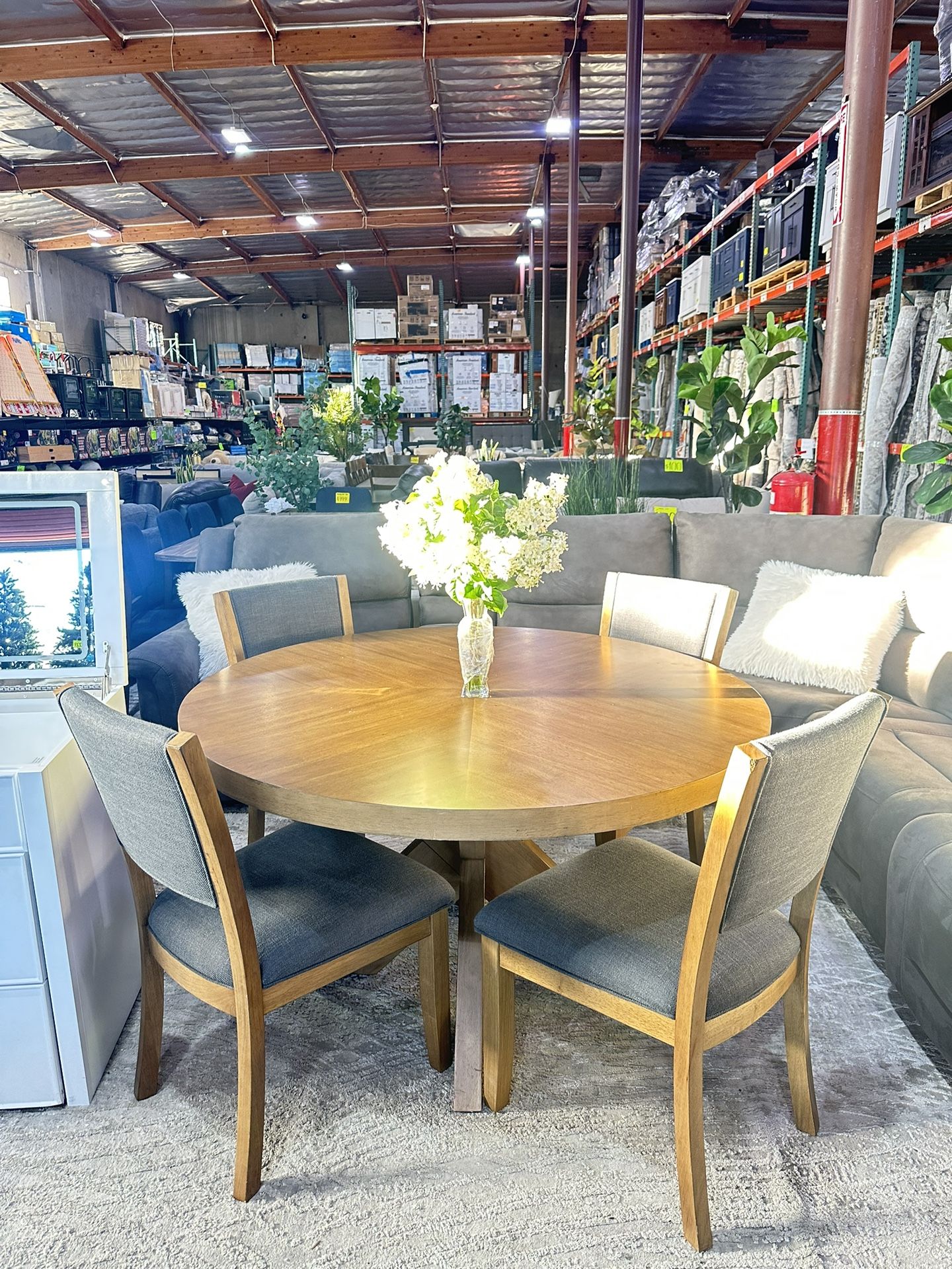 Modern 5pc Round Dining Set – Wood Table with Upholstered Chairs! 