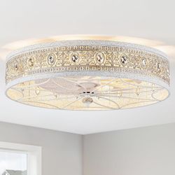 French Country Vintage Ceiling Light Fixture with Fan and Remote, Flush Mount Crystal fandelier for Girls Room or Nursery, in Shabby Chic Style
