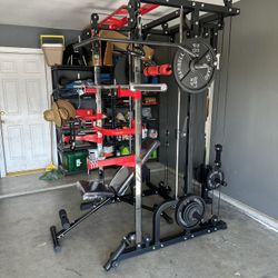 Smith Machine 100 | Adjustable Bench | 245lb Cast Iron Olympic Weights | 7ft Olympic Bar | Fitness | Gym Equipment | FREE DELIVERY 🚚 