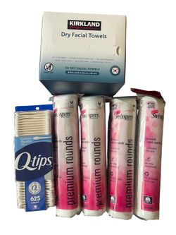 Kirkland Signature Dry Facial Towels, Swisspers Cotton Rounds, and Q-tips Cotton Swabs Bundle