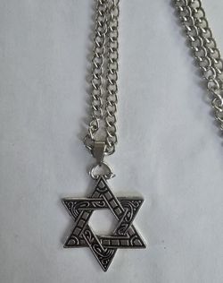 MENS NEW STAR OF DAVID QUALITY TITANIUM SILVER  ENGRAVED 24"CHAIN XTRA LONG