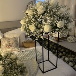 Wedding Centerpieces Faux White Rose, Baby’s Breath, & Chrysanthemum Florals