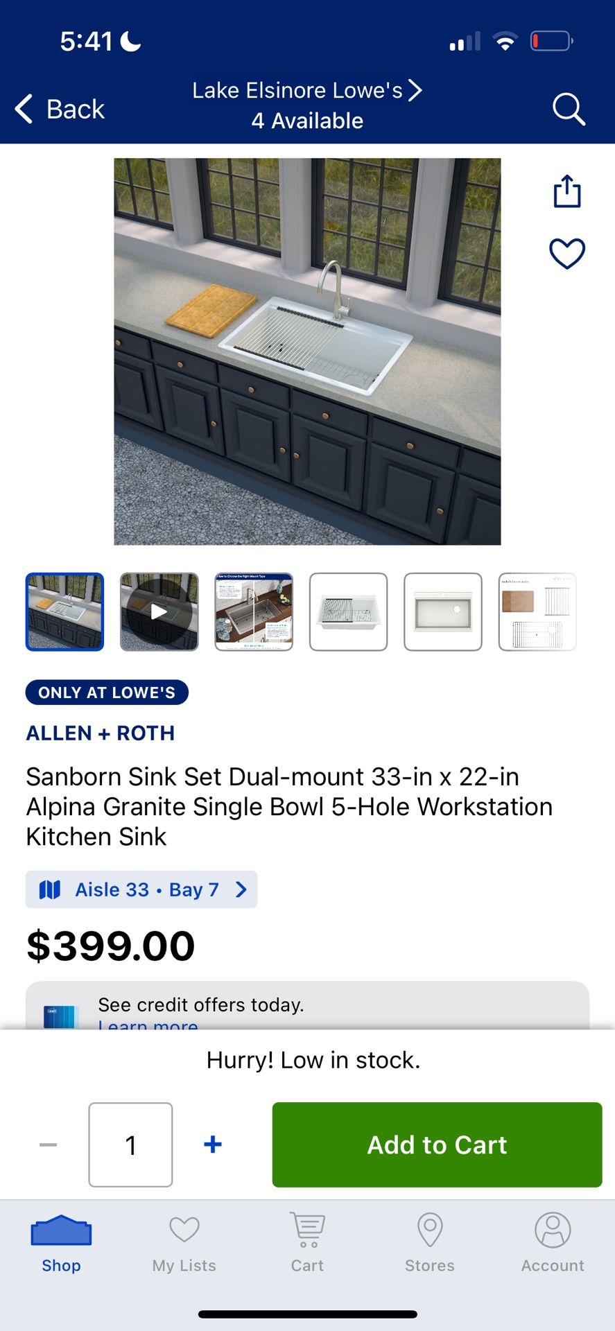 ALLEN + ROTH Sanborn Sink Set Dual-mount 33-in x 22-in Alpina Granite Single Bowl 5-Hole Workstation Kitchen Sink