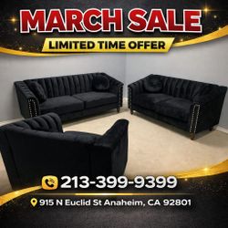 Black 3 Piece Living Room Sofa Set ( Sofa + Loveseat + Chair )