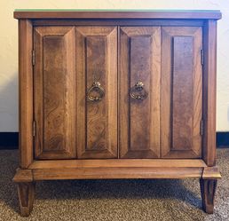 MCM Cherry Wood Nightstand | Accent Cabinet – Burl Wood Doors + Removable Glass Top Beautiful cherry wood accent cabinet | night stand with a strikin