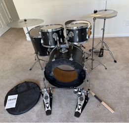 Complete 5 piece drum set 22” bass 14” maple lacquer snare new quiet cymbals stands double pedal throne $375 cash in Upland 91784