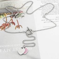 N116- Love Double Heart Necklace Color Silver , Pink
