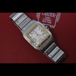 Cartier Santos Galbee Large 2319 Gold/Steel Guilloche Dial 29mm Auto Watch + Box