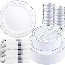 350Piece Silver Plastic Dinnerware Set for 50 Guests  #1137