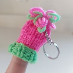 2" Handmade Handknit Cute Neon Pink and Green Ski Hat Keychain with Tassel Pom Pom Top. New. Makes a great holiday Christmas gift or stocking stuffer.