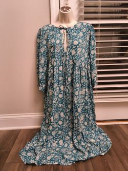 Womens Teal Floral Print Lantern Sleeve Loose Boho Midi Dress XL