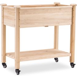  Raised Garden Bed, Outdoor Wood Elevated Planter Box Kit on Wheels with Legs, Storage Shelf for Vegetables, Herb and Flowers, 34” x 18” x 30”,  (Natu