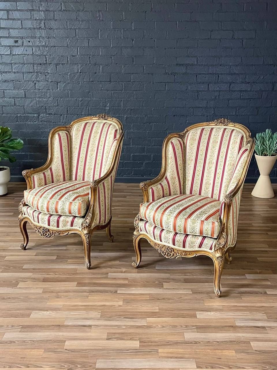 Pair of French Louis XV Style Giltwood Bergère Armchairs, c.1940’s
- Delivery Available