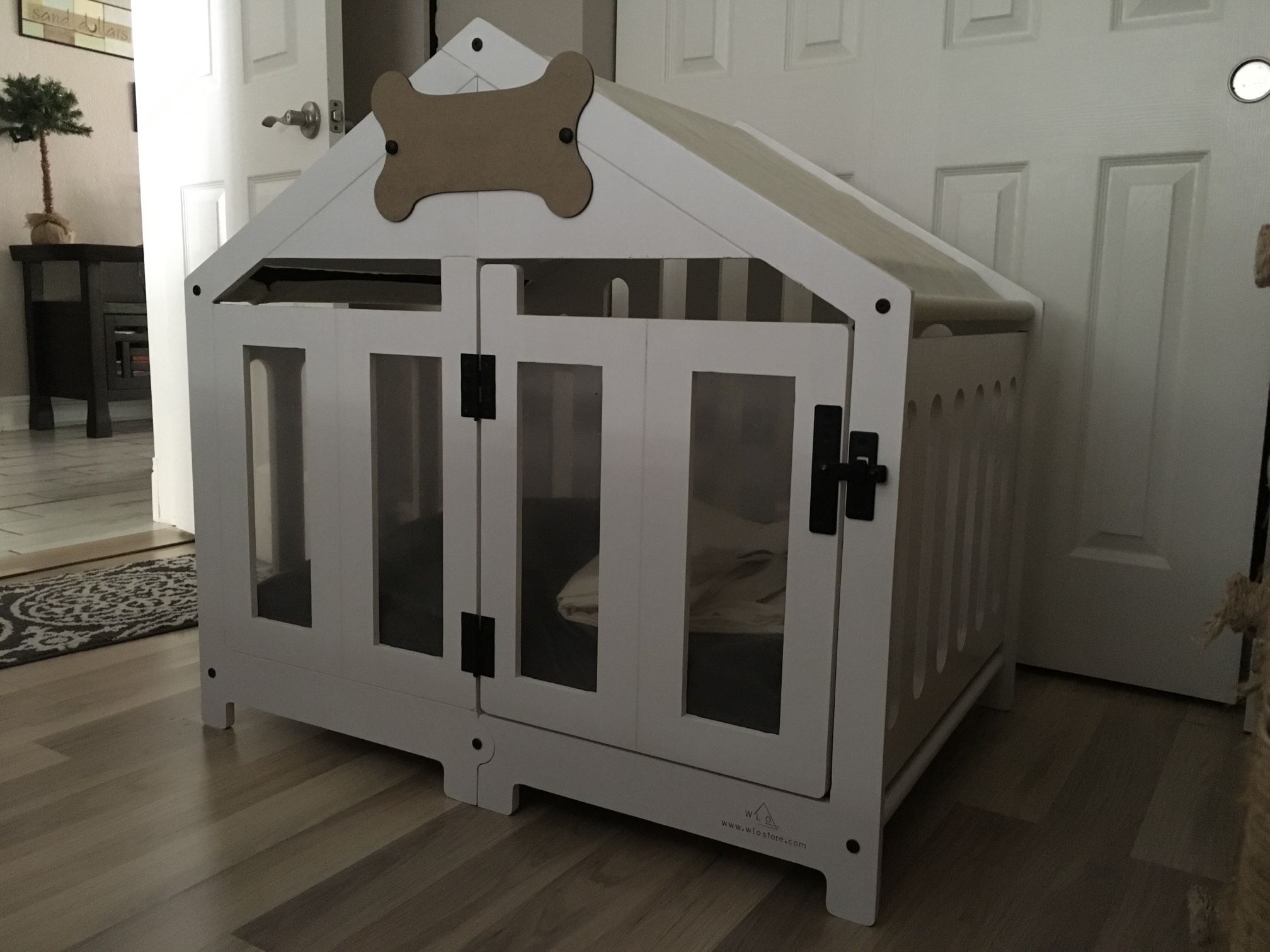 Beautiful White Custom Furniture-like Dog Kennel. Barely Used Excellent Condition. 2 Covers For Inside Cushion.