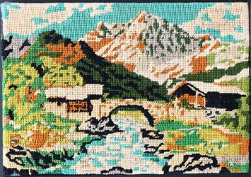 Mountain View vintage European original needlepoint tapestry embroidery gobelin