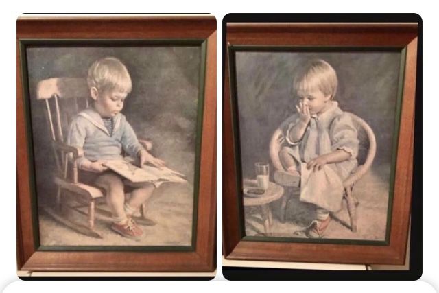 Set Of 2! Vintage Pictures- Boy In Rocking Chair Reading A Book-Girl In Chair Eating Cookies- Numbered Pieces! **1960's RARE**