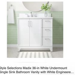 Style Selections Madix 36-in White Undermount Single Sink Bathroom Vanity with White Engineered Stone Top  Retail price : $579 Our price: $349 plus fr