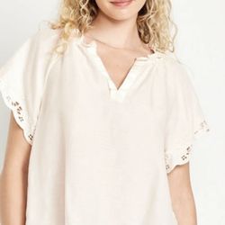 NWT Old Navy Sz L Relaxed Fit Cream Eyelet Embroidered Peasant Blouse Pd $45
