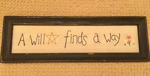 Framed Sign: "A Will finds a way" embroidered / stitched wood-framed sign