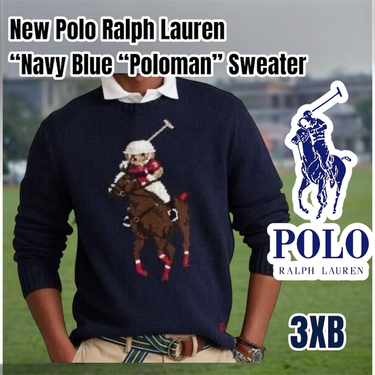 New Polo Ralph Lauren “Navy Blue “Poloman” Sweater, Size 3X Big, Retail $398.00 