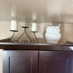 Home Decor- White Owls & Candle Holders
