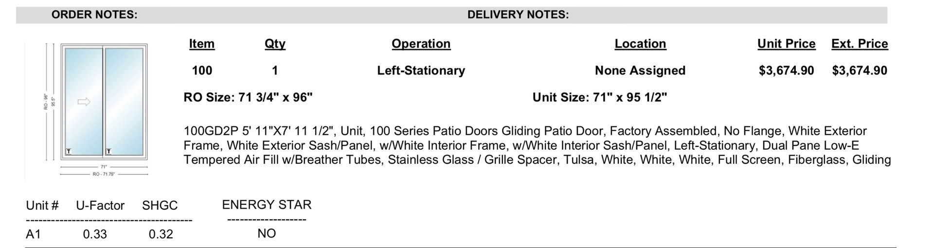 Andersen 100 series patio door -white interior / white exterior - 71”x 95 1/2 - screen / hardware included - left panel opens to the right (outside lo