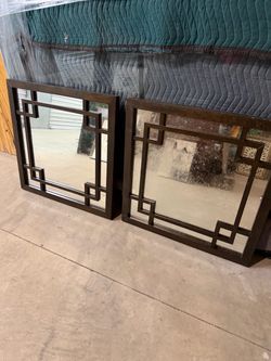 Pair of Dark Wood Geometric Wall Mirrors