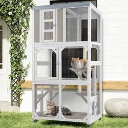 Outdoor Cat Enclosure with Wheels & Weatherproof Roof, Large 63" Window Catio with 3 Platforms, Acrylic Dome, Portable Kitty House for Indoor Cats