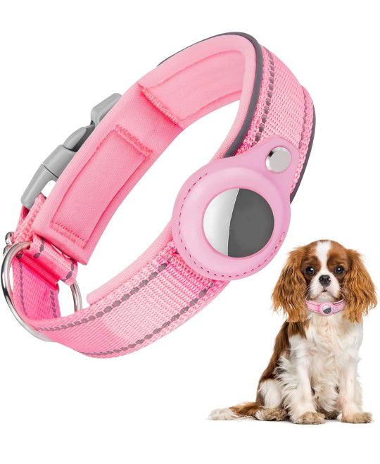 *NEW* AirTag Dog Collar, Reflective Air Tag Dog Collar, Adjustable, Heavy Duty Dog Collar with Airtag Holder Case,  GPS Dog Collar (Medium, Pink)