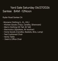 Yard Sale Saturday 06/27/2026 Santee