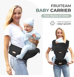 FRUITEAM 6-in-1 Baby Carrier with Waist Stool/Hip Seat for Breastfeeding, One Size Fits All - Adapt to Newborn, Infant & Toddler (Cool Black)