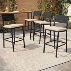 New Set of 4 Outdoor Patio Metal Barstools with Beige Cushions