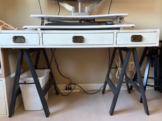 Rustic Industrial Writing Desk with 3 Drawers & Trestle Base – 48” White Top