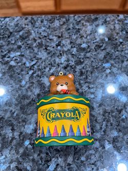 Crayola Crayons Teddy Bear Crayon Box Ornament Binney & Smith Rare.  Preowned no box.  Very cute.