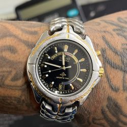 Seiko Kinetic Sports 100 Watch 5M42-0B09 Black & Gold Dial Power Reserve 2 tone