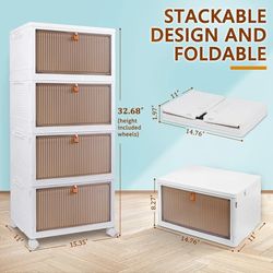 4 Tier Stackable Plastic Storage Bins with Lid and Wheels - 23 QT Closet Organizers and Storage, Foldable Storage Containers, Organization and Storage