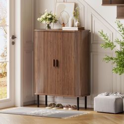 6-Tier Shoe Cabinet with Sliding Door, Wooden Shoe Storage Cabinet with Adjustable Shelves, Mid-Century Modern Freestanding Shoe Storage Organizer for