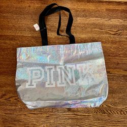 Victoria’s Secret PINK XL Silver Iridescent Tote Bag NWT