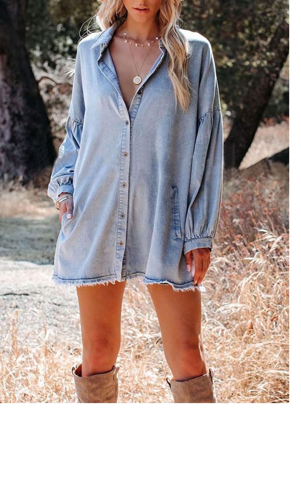 Women's Oversized Distressed Denim Button Down Tunic Shirt Dress with Pockets