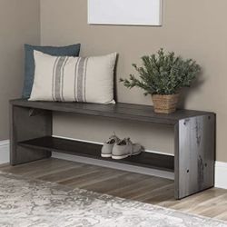 Walker Edison Meg Rustic Solid Wood Two Tier Entryway Bench, 58 Inch, Grey