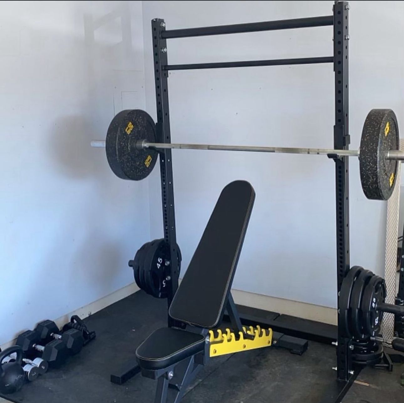 Barbel, Bench, Squat Rack, Olympic free weights