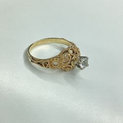Vintage Style 14k Yellow Gold CZ  Filigree Engagement Ring 