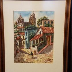 Vintage Diaz Framed Watercolor Street Scene 