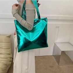 LAKEDREAM Y2K Candy Colored Green Patent Leather Tote Shoulder Bag w/Zipper NEW