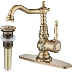 Senlesen Antique Brass Swivel Spout Bathroom Faucet Vanity Sink Mixer Tap and Pop Up Drain with Overflow