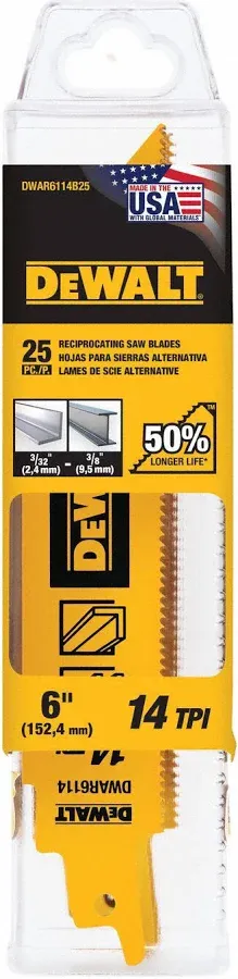 DeWalt 6" 14 TPI Straight Back Bi-Metal Reciprocating Blade, 25PK
